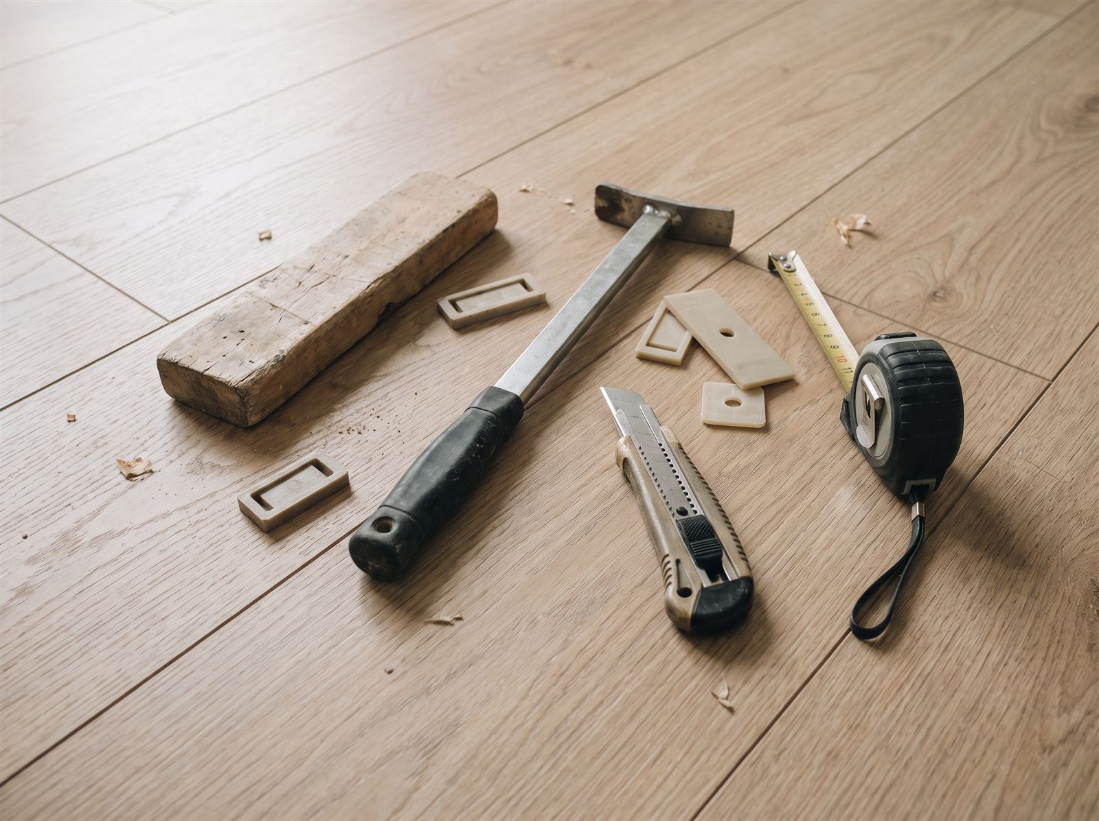Flooring installation hand tools laid out on site