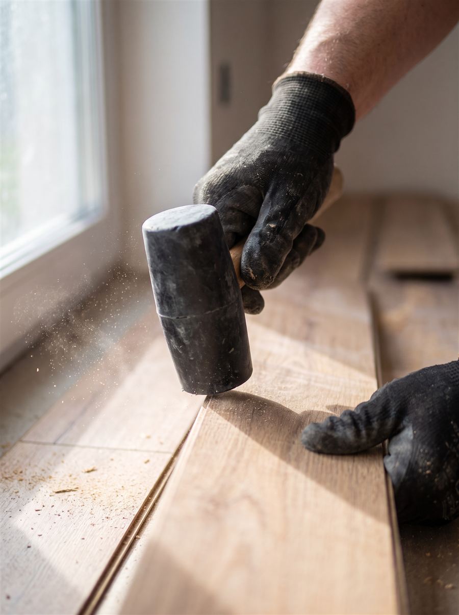 Installer using a tapping block to fit a hybrid flooring plank