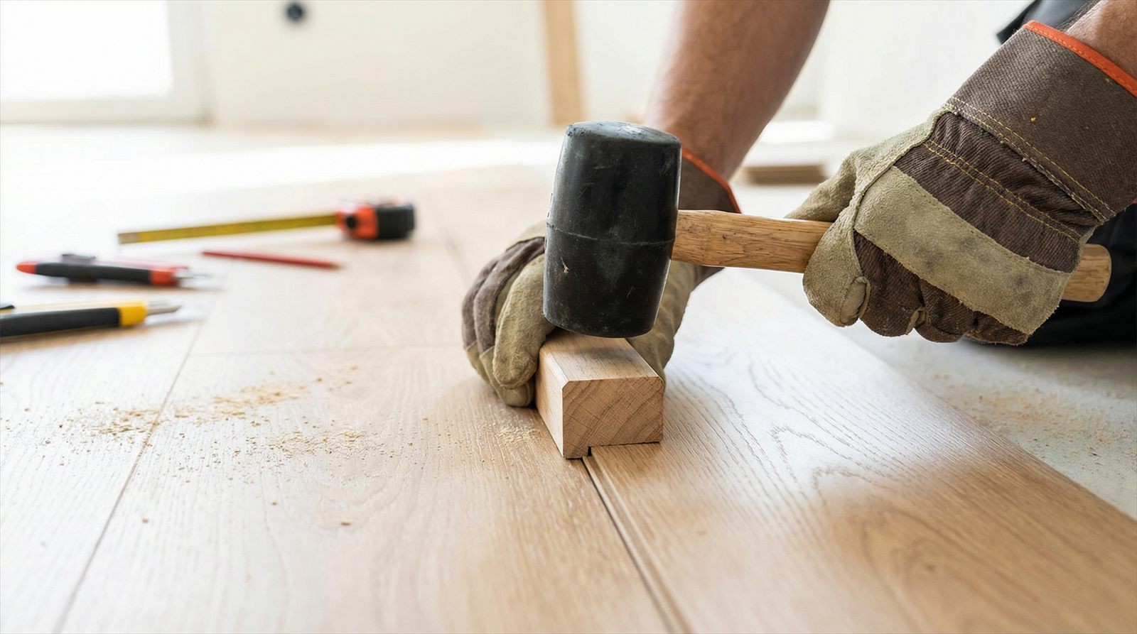 Installer fitting a hybrid flooring plank on site with a tapping block