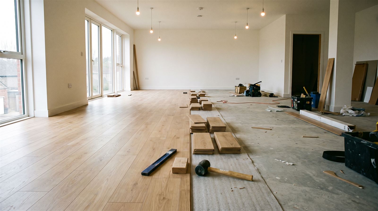 Open-plan room mid-installation with hybrid flooring planks stacked ready to fit