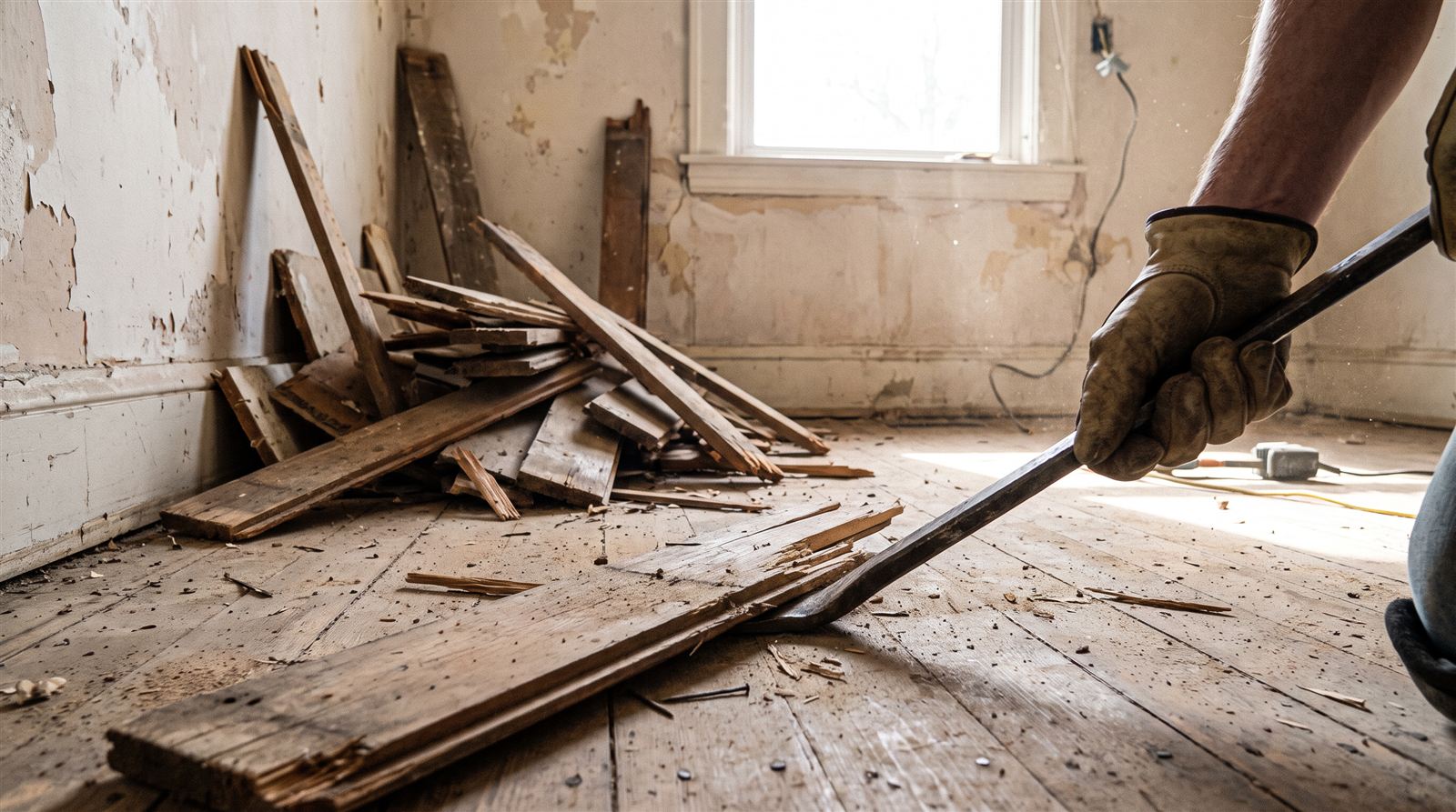 Old flooring being pried up and cleared from a room ahead of a new install